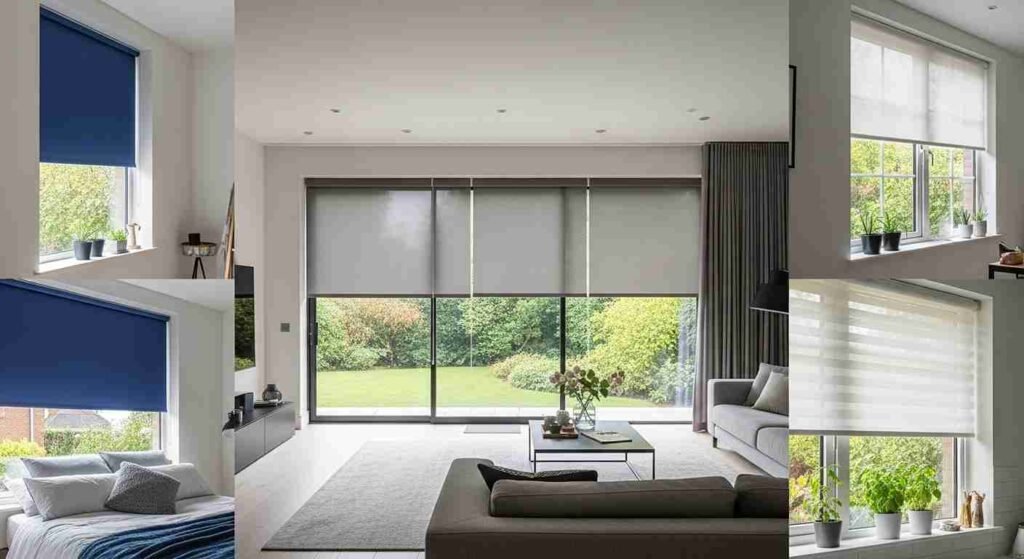 Roller blinds project gallery displaying different fabrics, colors, and installation styles.