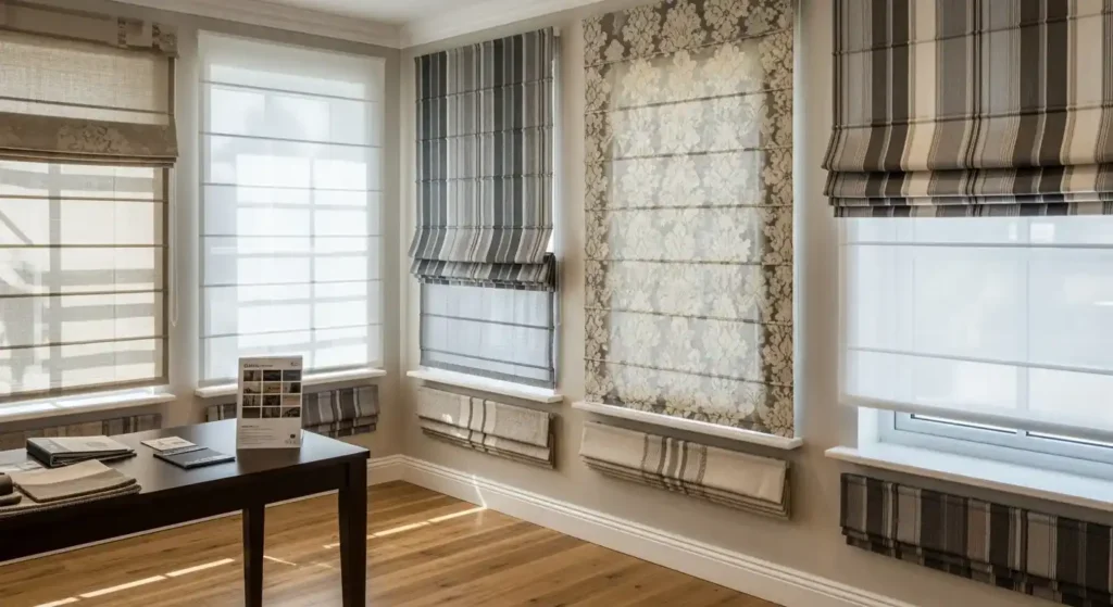 Premium Roman blinds displayed for sale
