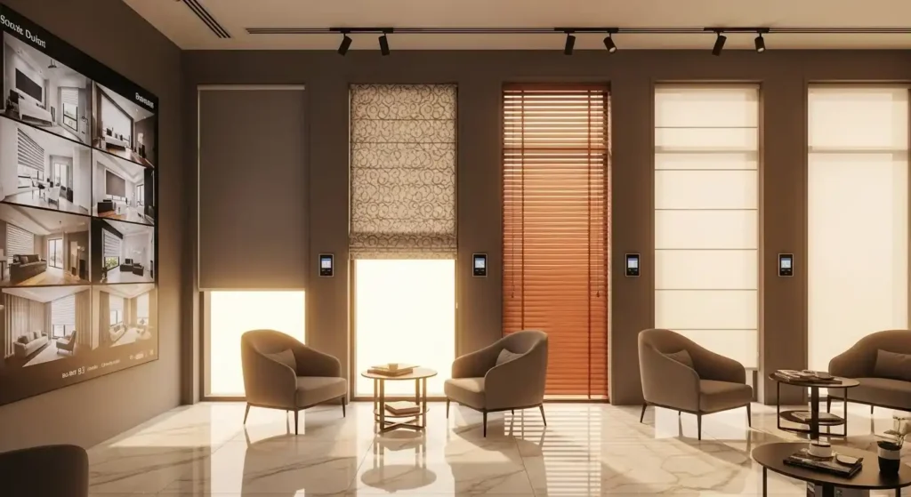 Visual showcase of designer motorized blinds installed in Dubai homes, offering smart shading solutions and décor inspiration.