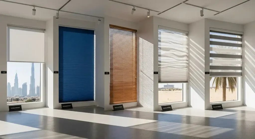 Stylish motorized blinds displayed in modern Dubai interiors, offering smart automation and elegant window-treatment inspiration.