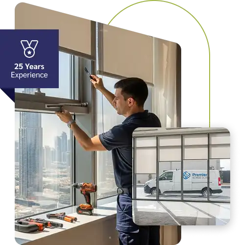 Professional team installing roller blinds in a modern Dubai home with precise finishing.