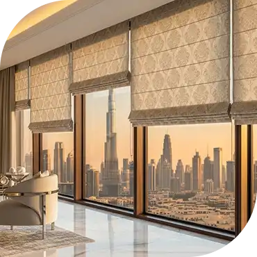 Luxurious Roman blinds installed in a Dubai living room, adding elegant and soft window décor.