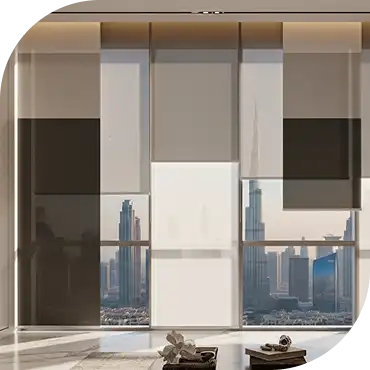 Premium panel blinds installed on large windows in Dubai home