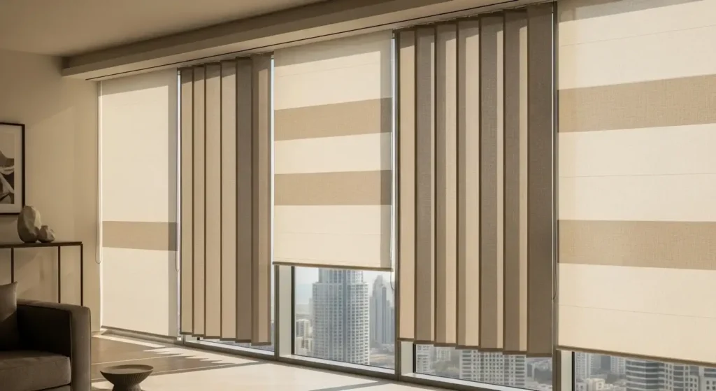 Wide panel blinds installed in an upscale apartment
