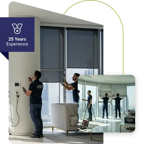 Technicians installing modern window blinds in a luxury Dubai apartment, showcasing professional service with a 25 years experience badge.