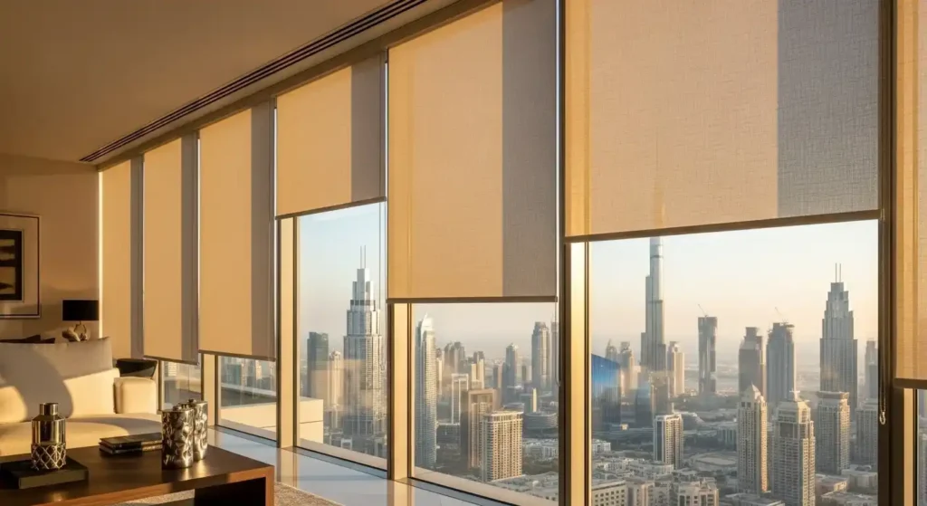 Premium panel blinds in a contemporary Dubai home interior