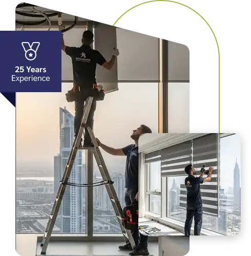 Professional panel blind installation in a modern living room