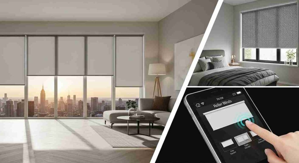 Modern rooms featuring professionally installed roller blinds shown in an inspiration gallery.